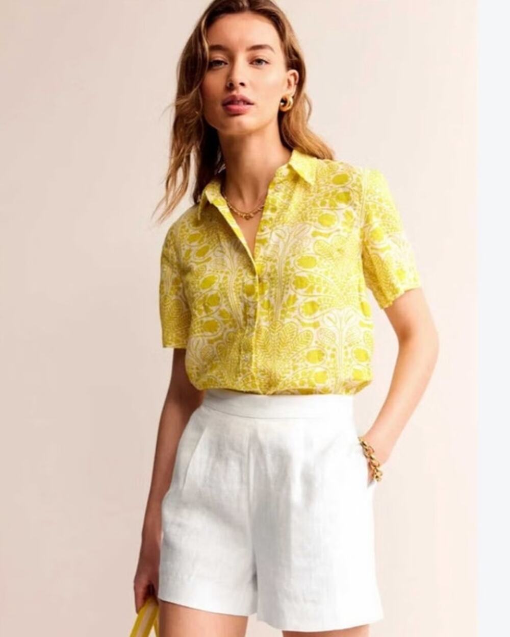 Boden Linen Button Front Shirt US 8 Yellow White Floral Short Sleeve Resort